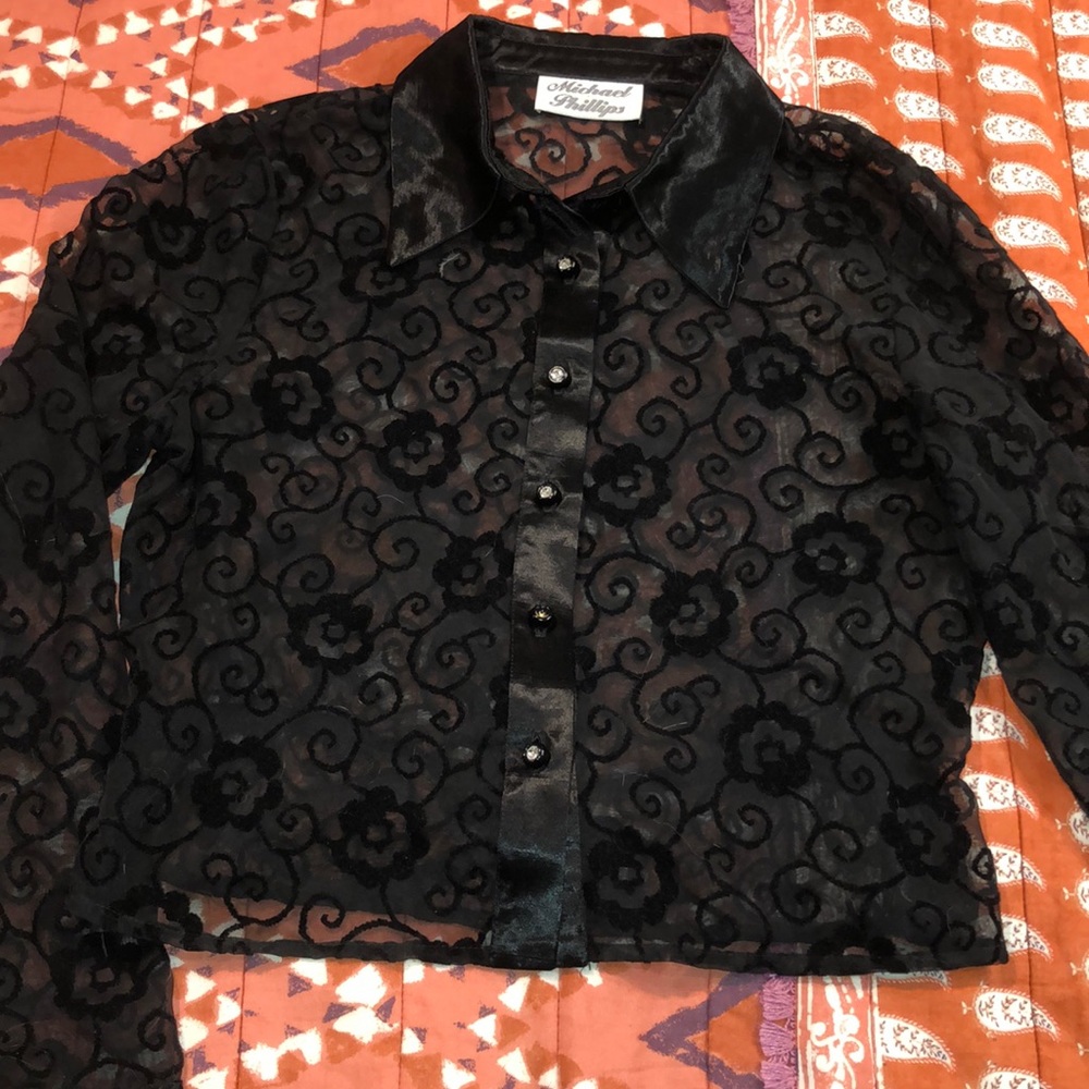 Vintage Sheer Appliqué Crop Button Up Shirt